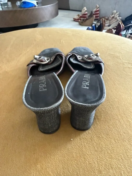Vintage Prada Denim and Brown Leather Buckle Mules - Picture 3 of 7